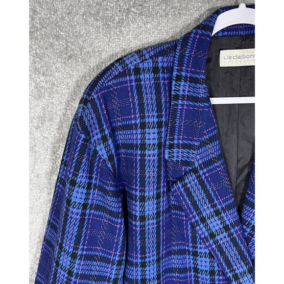 Vintage Liz Claiborne Wool Blend Blue Plaid Double Breasted Blazer Womens Size 8 - Picture 7 of 16